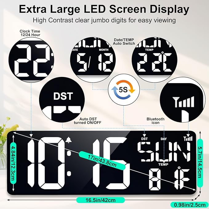 XREXS 17.2" Digital Wall Clock with Remote Control, Bluetooth Sync Time LED Digital Clock for Living Room Decor, Auto DST, Temperature for Living Room, Gift for Elderly and Teens