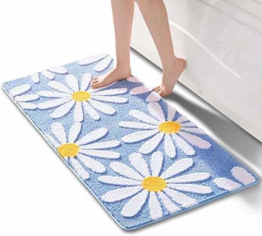 QJHOMO Blue Bathroom Rugs Cute Daisy Bath Mat White and Yellow Flower Decor Rug Non Slip Floor Carpet Microfiber Bathmat Super Absorbent Machine Washable Bathtub Mats for Shower (24x48 inch)