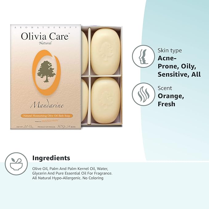 Olivia Care Bath & Body Bar Mandarin Soap 4 Pack Gift Box Organic, Vegan & Natural Contains Olive Oil Repairs, Hydrates, Moisturizes & Deep Cleans Good for Sensitive Dry Skin Made in USA