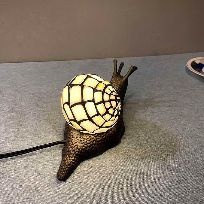Bieye L10988 Land Snail Tiffany Style Stained Glass Accent Table Lamp for Home Decor (White, 10" D x 5" W x 5" H)