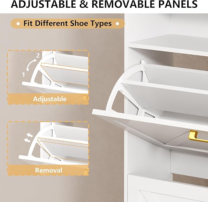 Shoe Cabinet with 2 Flip Drawers, Freestanding Hidden Shoe Storage Organizer for Entryway, Narrow Slim Shoe Rack Cabinet with Open Storage & Hooks for Front Door Entrance, Living Room, Hallway, White