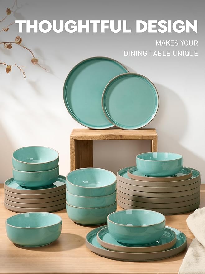 Famiware Nature Plates and Bowls Set, 24 Pieces Dinnerware Sets, Dishware Sets, Dishes Set for 8, Microwave and Dishwasher Safe, Verdure
