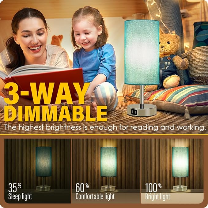 Yarra-Decor Bedside Lamp with USB port - Touch Control Table for Bedroom Wood 3 Way Dimmable Nightstand Round Denim Shade Living Room, Kids College Dorm, Office(LED Bulb Included), Td-001 Denim