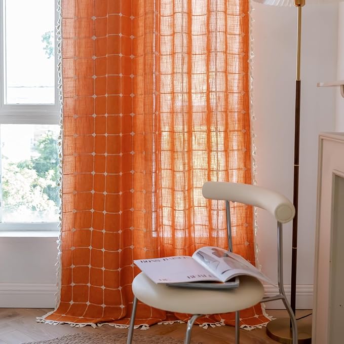 Sutuo Home Boho Curtains Plaids for Bedroom, Semi Blackout Linen Farmhouse Tassels Window Treatment Bohemian Embroidery Drape for Fall Halloween Decor, Rod Pocket 1 Panel 52" W x 84" L, Burnt Orange