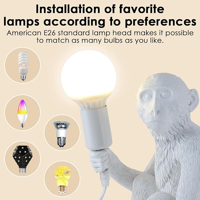 Modern Resin Monkey Wall & Table Lamp - Hemp Rope Pendant Light for Home Decor - Dining, Living Room, Bedroom, Entryway (White)