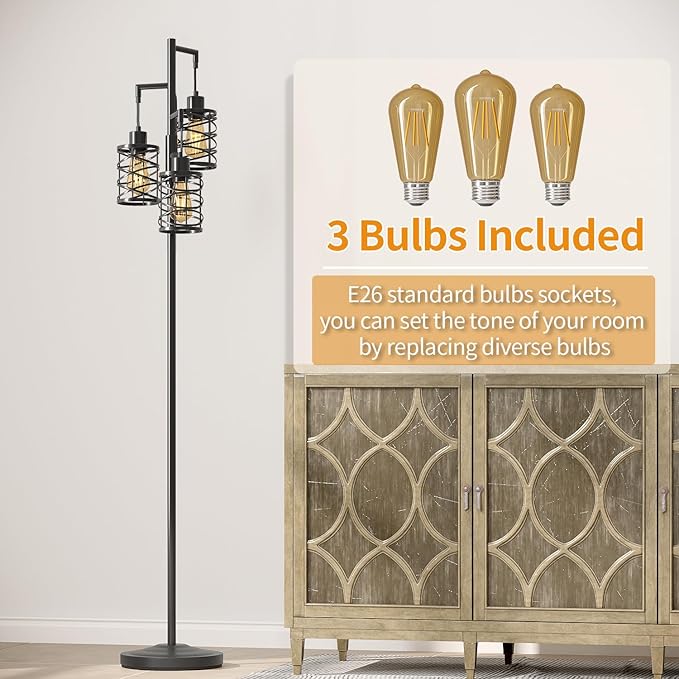 Oneach 68" Industrial Standing Floor Lamp, Stepless Dim Light with 3 Bulbs, Farmhouse & Corner Design, Tall Lamp for Home and Office, Black