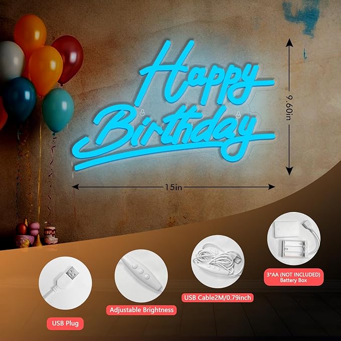 Blue Happy Birthday Neon Sign Battery Operated, Usb Powered Neon Signs for Wall Decor, Adjustable Brightness Happy Birthday Signs(15 x 9.6 inches)