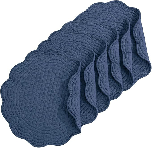 HOMBYS Quilted Placemats Set of 6 Washable Round Placemats for Kitchen Table-100% Cotton Fabric 13 Inch Round Table Mats, Cotton Fabric with Microfiber Filling, (13"x13", Sapphire Blue)
