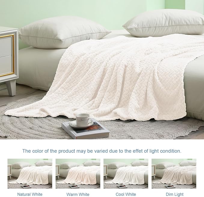 Exclusivo Mezcla Off White Fleece Queen Size Blanket for Bed, 90x90 Inches Soft Cozy Jacquard Flannel Blankets, Lightweight Fuzzy Plush Warm for All Seasons