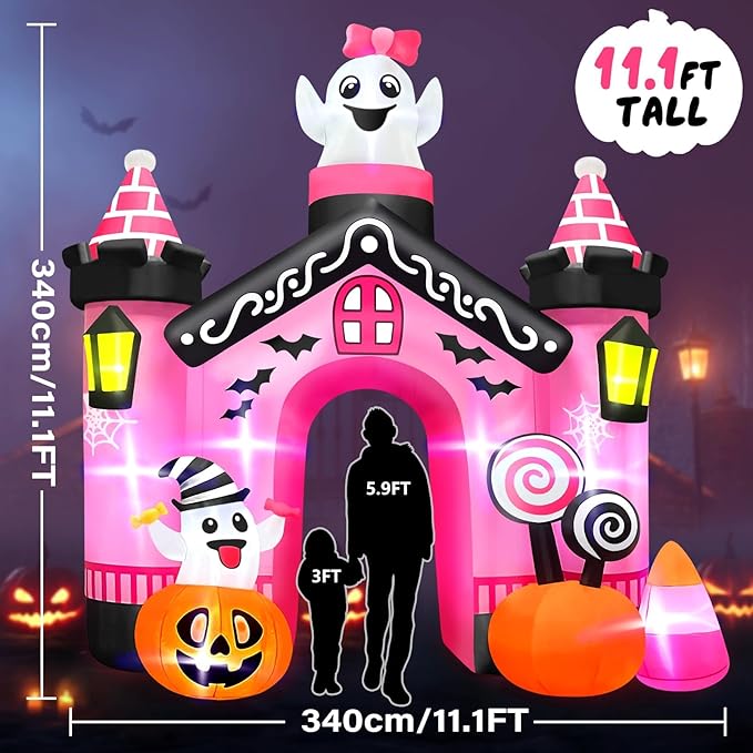 Kalolary 12 FT Halloween Inflatables Ghost Archway Outdoor Decorations, Pink Castle Arch Blow Up Yard Decorations Scary Inflatable with Build-in Lights for Yard Garden Lawn Indoor Outdoor Decor