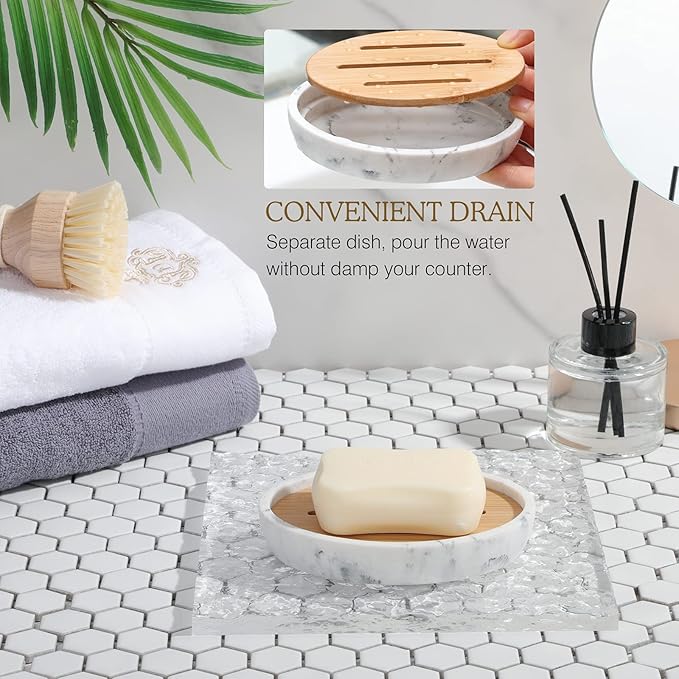 Luxspire Soap Dish Tray, Resin Soap Dish, Bamboo Soap Bar Holder Box for Shower Kitchen Sink, Double Layer Draining Soap Container Box, Wood Case, Bathroom Marble Pattern Tray, Gravel White
