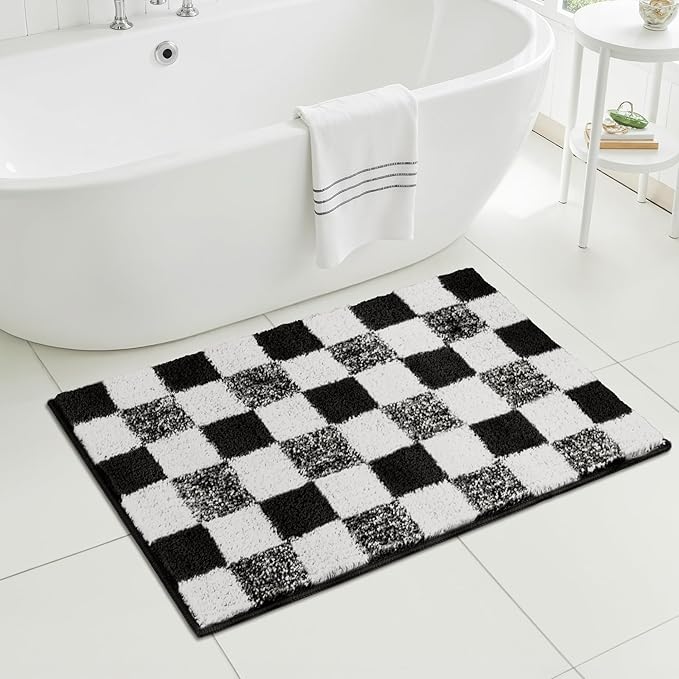 GRANNY SAYS Checkered Black Bathroom Rugs, 36" x 24", Non-Slip Bath Mats for Bathroom, Plush Shag Absorbent Microfiber Ultra Soft Bath Mat, Cute Washable Rug for Tub, Shower, Bedroom