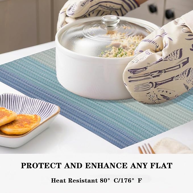 Blue Placemats Set of 2 - Heat Resistant Non-Slip Place mats for Dining Table, Washable Durable PVC Vinyl Woven Table Mats (Blue, 2)