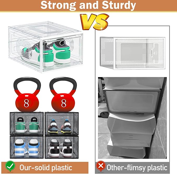 6 Pack Thicken Shoe Organizer Stackable,Upgraded Sturdy Shoe Storage Box with Magnetic Door,Shoe Containers for Sneaker Display,White