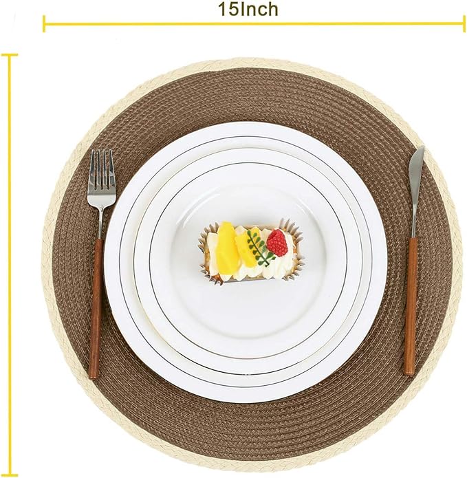 Noctiflorous Round Braided Placemats Set of 8 Table Mats 15 Inches Washable Heat Resistant for Dining Table Non-Slip Indoor Outdoor Place Mats for Easter(01 Coffee Brown 8)