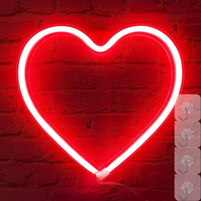 Neon Heart Sign, Red Led Sign Light for Bedroom, Hanging Lamp for Wall Decor, USB/Battery Operated