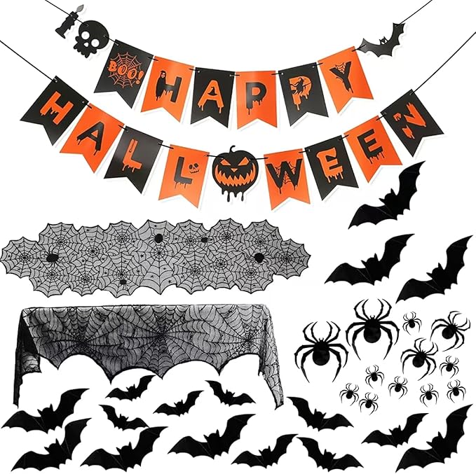 Indoor/Outdoor Halloween Decor Set - Mantel Scarf, Spider Table Runner, 3D Bats & Spiders, Happy Halloween Banner