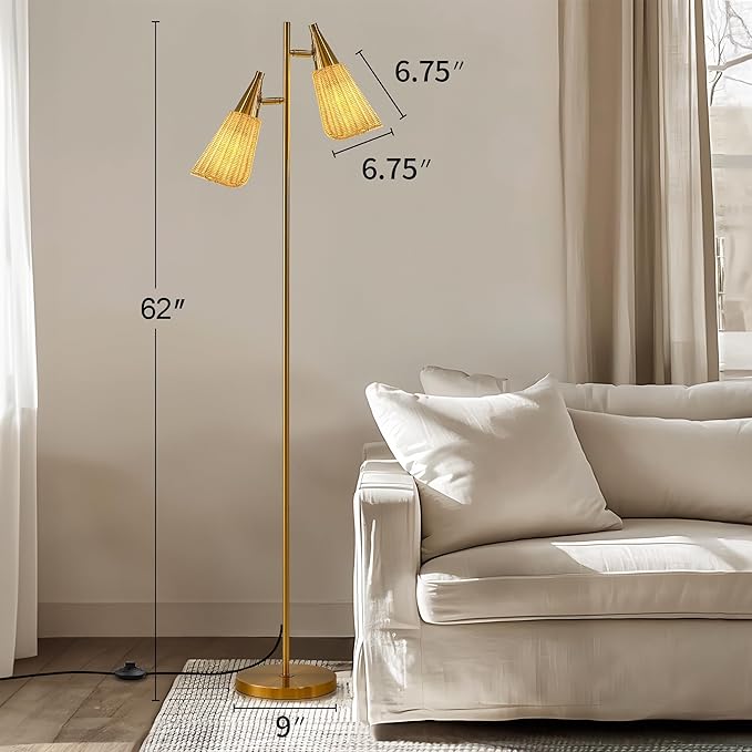 61" Modern Gold Floor Tree Lamp with 2 Light Source Standing Tall Pole Lamps with Foot Switch for Living Rooms, Bedrooms, Home, Office