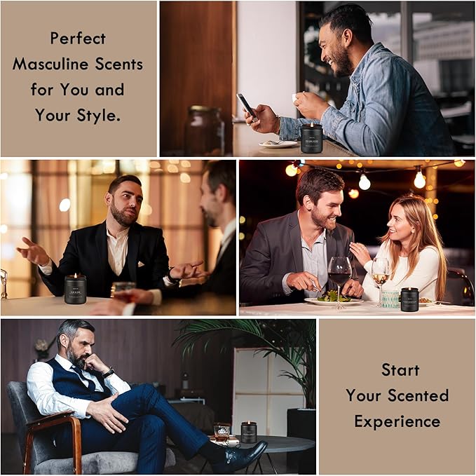 Scented Candles Set | Gifts for Men - 4Pack Masculine Candle for Father's Day, Soy Candle for Home Scented, Aromatherapy Gifts Scents of Caramel Coffee/Whiskey Tobacco/Rum & Oak/Vintage Leather