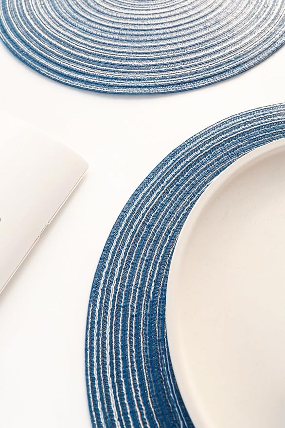 Floroom 15 Inch Round Braided Placemats Set of 6, Washable Heat Resistant Cotton Polyester Circle Place Mats for Kitchen Dining Table - Seascape Blue
