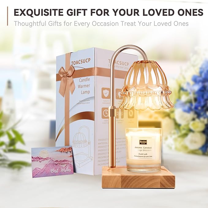 Candle Warmer Lamp with 3 Bulbs, Adjustable Height Dimmable Candle Warmer with Timer, Compatible with Large Jar Candles, Flower Candle Warmer with Charming Gift Box Ribbon(Light Yellow)