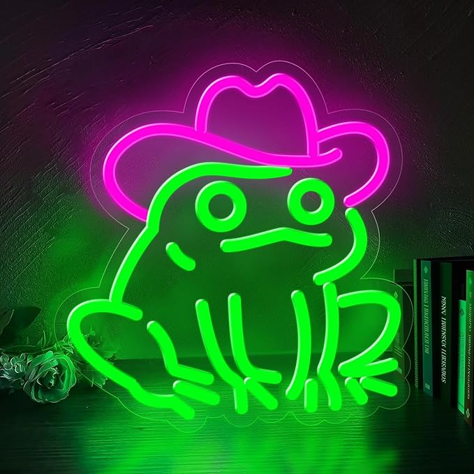 Frog Neon Sign for Wall Decor,Dimmable Frog with Cowboy Hat Neon Light,Pink Green Animal Light Up Signs for Bedroom Party Bar Background Decoration