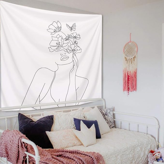 Miytal Art Line Aesthetic Tapestry, Simple Women with Flower Butterfly Wall Hanging, Modern Minimalist Abstract Creative Sketch Wall Décor for Dorm Bedroom Office – 51.2" x 59.1”
