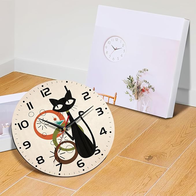 Wall Clock, Black Cat Wall Clocks Wooden Wall Clock Art Hanging Clocks Silent Non-Ticking Wall Clock Battery Operated Round Home Arabic Numeral Decorative Wall Clocks 10 Inch