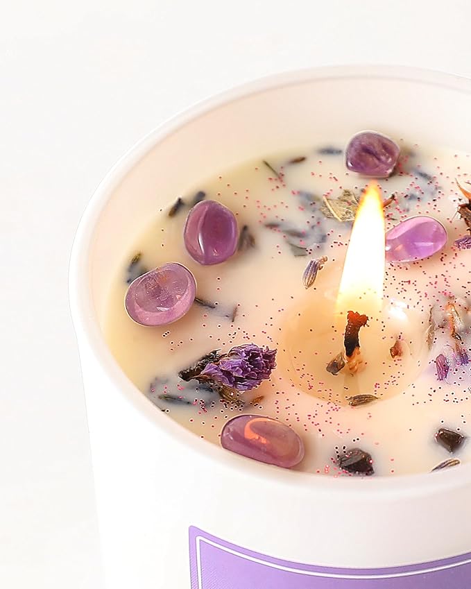 AOOVOO Lavender Scented Candles for Women - Aromatherapy Candle with Crystals Inside, 7oz Soy Candles for Home Scented, Birthday Gifts Mothers Day Candle for Women Mom