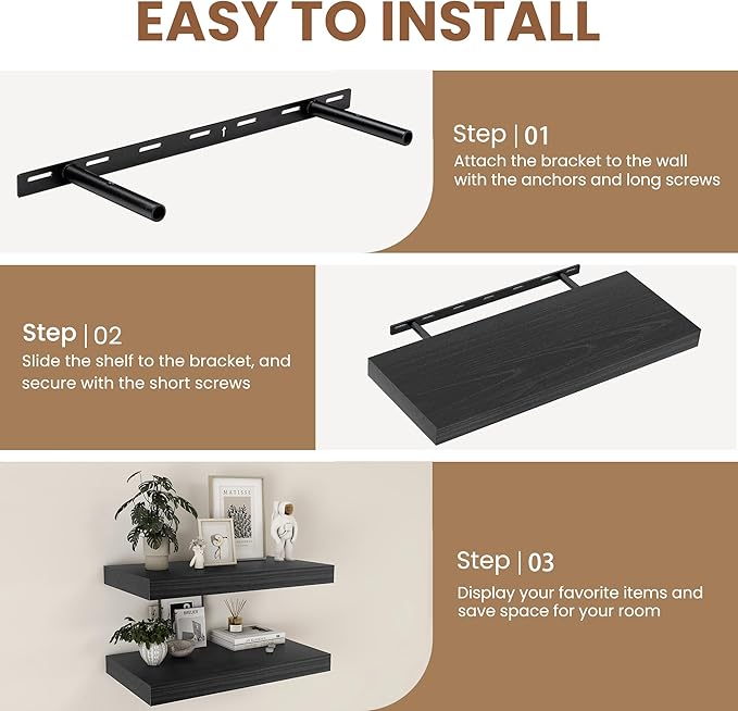 Black Floating Shelves 24 Inch Long, 9.3 Inch Deep Floating Shelves for Wall, Rustic Solid Wood Shelves, Deep Wall Shelves for Living Room, Bedroom, Kitchen, 24"W x 9.3"D x 1.6"H, Set of 2