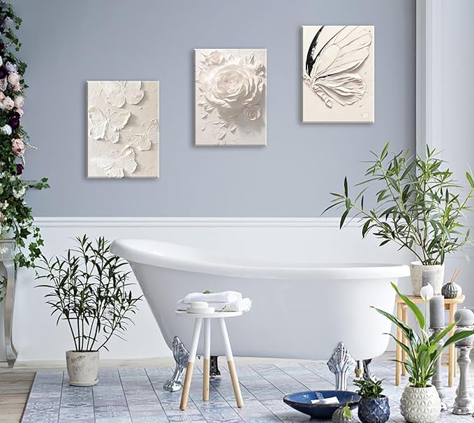 JiazuGo White Pink Butterfly Wall Decor - Modren Butterfly Flower Nursery Canvas Wall Art Contemporary Abstract Art Oil Painting Prints Bathroom Bedroom Home Decorations 12" X 16" X 3 Pieces