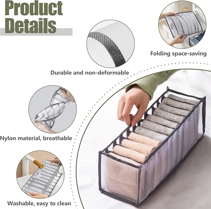 TOOVREN Socks Organizer 2 Pack, sock drawer organizer, sock drawer organizer divider, Cabinet Closet Organizers and Storage, Mesh Foldable Compartment Boxes for Storing Socks, Underwear, Ties, Panties