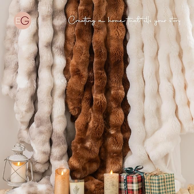 EVERGRACE Ultra Soft Luxury Fluffy Ridgeline Faux Rabbit Fur Throw Blanket, Thick Warm Bubble Throw for Bed, Cozy Plush Reversible Blankets for Couch, Chair, Sofa, Ivory White, 80x90 Inches, 870 GSM