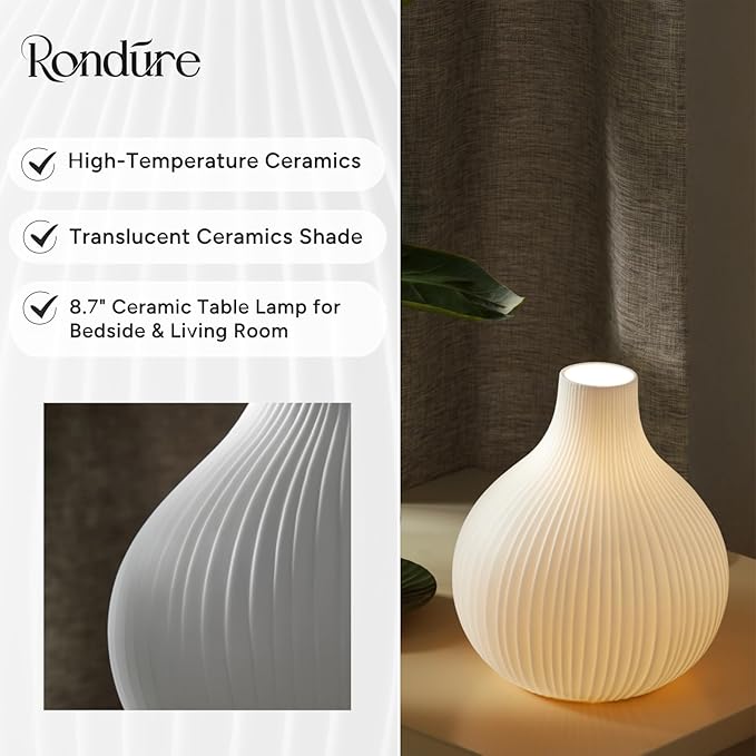 RONDURE 8.7" Artistic Ceramic Vase Lamp, Modern Bedside Lamp, Modern Table Lamps for Living Room, Bedroom, Nightstand, Ambient Lighting with White Translucent Ceramic Shade