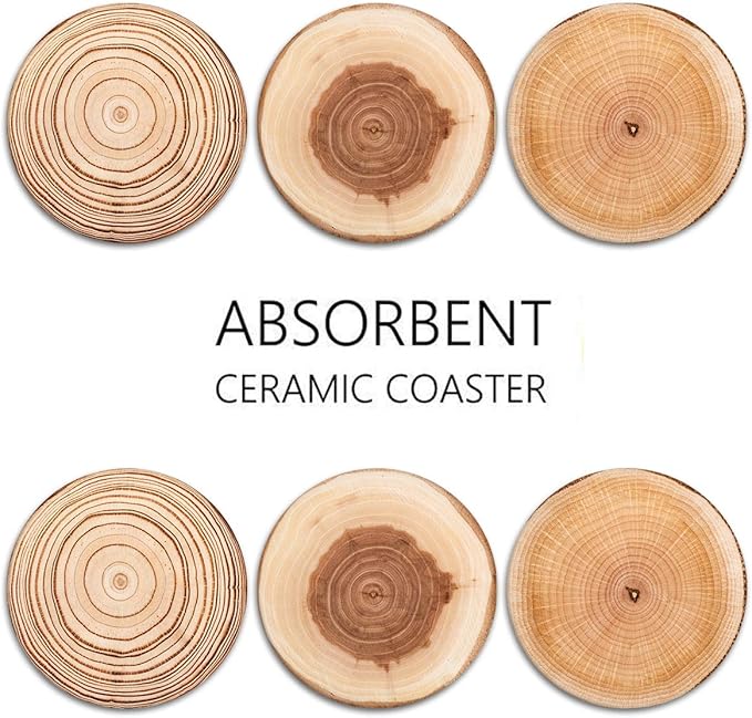 Britimes Coaster for Drinks Set of 6, Wood Grain Absorbent Round Ceramic Stone Mat, with Cork Base and Metal Holder, Gift for Housewarming Room Bar Decor