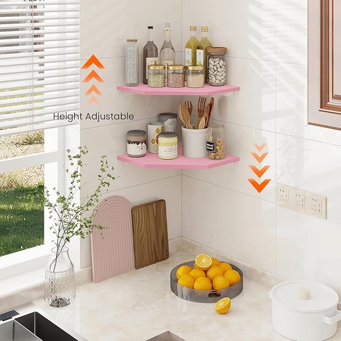 Homode Corner Floating Shelves, Corner Wall Shelf with Cord Hole, 2 Tier Wood Hanging Corner Shelf for Bathroom, Bedroom, Living Room, Pink