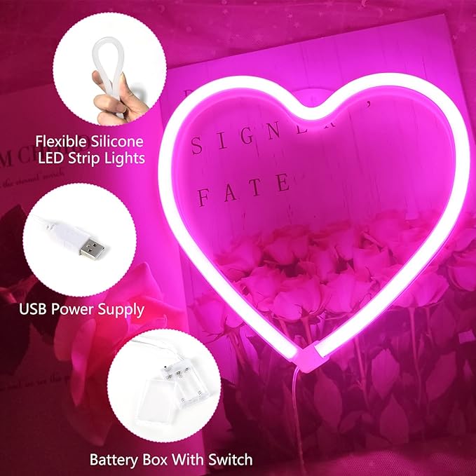 Pink Heart Neon Sign for Valentine's Day, Led Light 8.78.7 Inch Battery or USB Powered Romantic Love Lamp for Bedroom Wall Decor Art Kids Girl Room Wedding Party