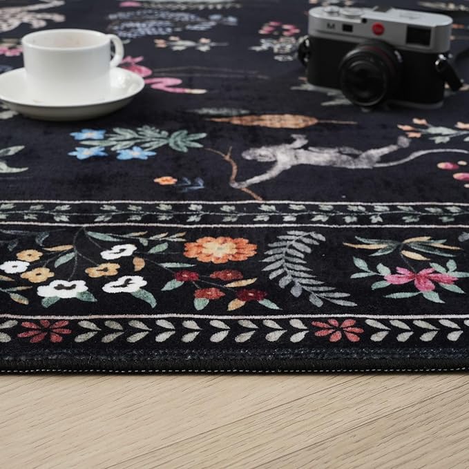 Runner Rug for Kitchen Rug Non Slip 2'6''x8' Washable Rugs with Rubber Backing Soft Floral Animal Carpet Runner for Kitchen, Laundry, Bedroom, Bathroom (Black)