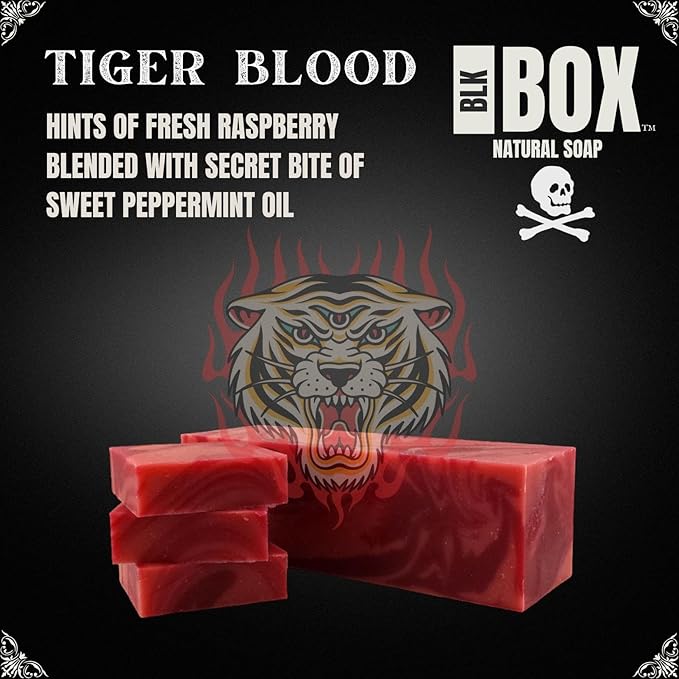 Black Box USA MADE 5oz Men's Natural Bar Soap Made from Moisturizing Natural Oils - Handmade Cold Process Soap with No Harsh Chemicals Mint Raspberry & More (TIGER BLOOD)