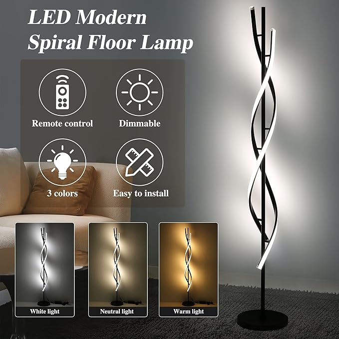 JUTIFAN Modern Spiral Floor Lamp for Living Room, 48W Dimmable Led Corner Floor Lamp with Remote Control, 53 Inch Black Floor Lamps 3 Color Tall Corner Reading Lamp Standing Floor Lamps for Bedroom