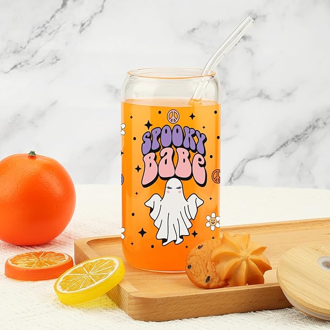 Gift for Her, Halloween Sister Friend Gifts, Spooky Season Gift, Hallowmas Glass Can Cups, Stay Spooky GIced Coffee Mug, Fall Glass Cups, Halloween Gifts, Hallowmas Lover 16 OZ Cup with Lid and Straw