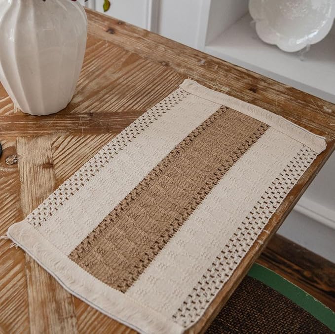 Boho Placemats Set of 4, Burlap Place Mats for Kitchen Table 12x19 Inches, Splicing Woven Rectangular Table Mats, Farmhouse Style Fall Table Decor for Rustic Wedding Bridal Shower