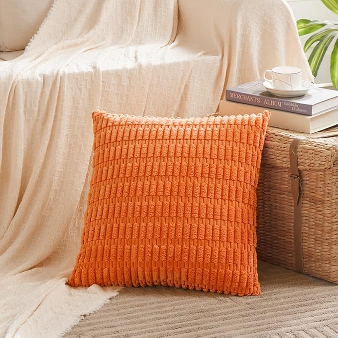 Fancy Homi 4 Packs Orange Fall Decorative Throw Pillow Covers 26x26 Inch for Couch Living Room Bed Sofa, Halloween Pumpkin Autumn Home Decor, Soft Cute Plush Corduroy Striped Cushion Case 66x66 CM