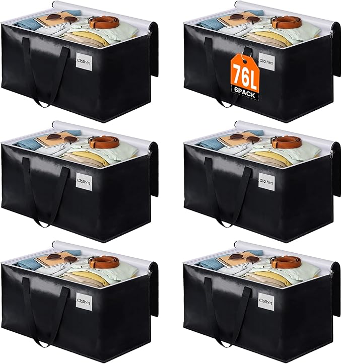 BlissTotes Moving Bags, Heavy Duty Moving Boxes with Zippers Top and Sturdy Handles, Storage Bags for Space Saving and Packing, Collapsible Moving Supplies, Storage Totes (76L, 6-Pack, Black)