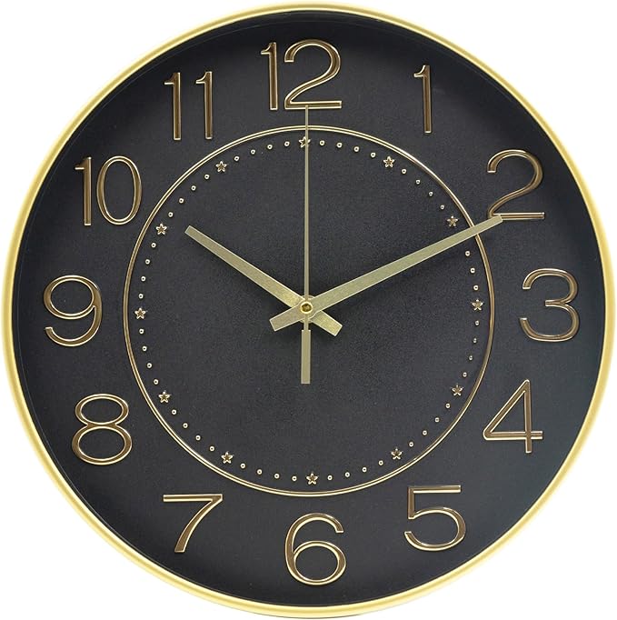 HZDHCLH 12inch Wall Clocks Battery Operated,Quartz Movement,Silent Non Ticking Modern Wall Clock for Living Room Bedroom Kitchen Office School Classroom Decor Black Gold