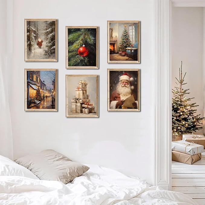 Christmas Canvas Wall Art Christmas Pictures Wall Decor Christmas Poster Winter Vintage Holiday Gallery Print set of 6, Santa Claus Tree Gift, Santa Oil Painting Christmas Holiday Decor- 8"X10"