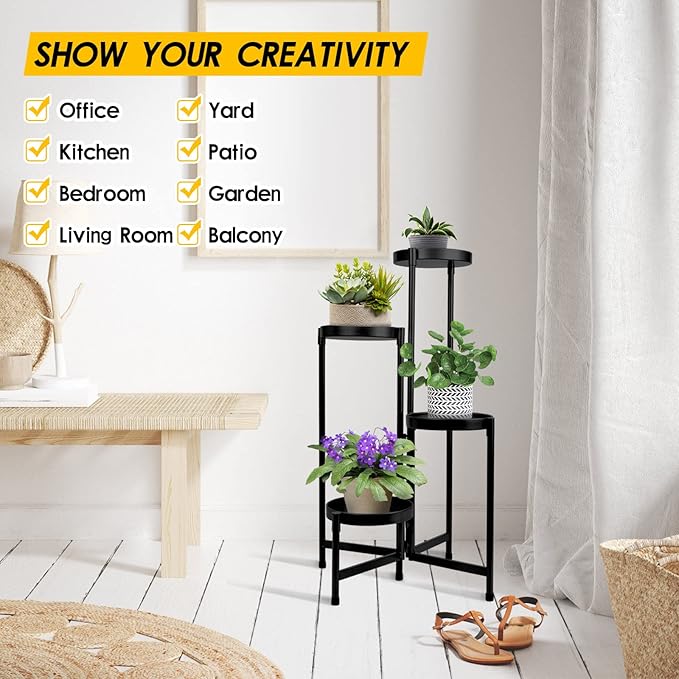 4 Tier Plant Stand Indoor Outdoor, 31 Inch Tall Metal Plant Shelf Waterproof, Plant Holder with Folding Design For Home, Living Room, Black