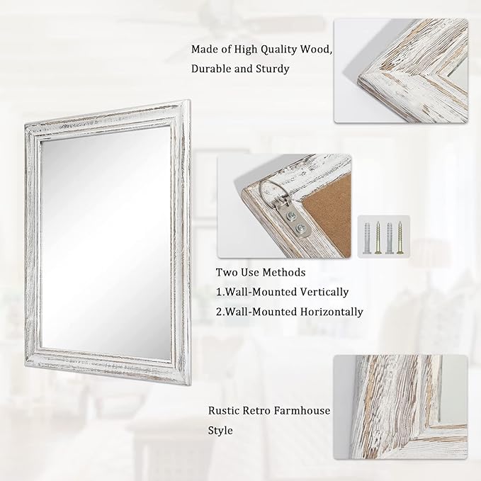 Wall Mirror with Rustic Wood Frame Rectangle Hanging Mirrors for Wall Large Decorative for Bathroom Bedroom Farmhouse Living Room Entryway 20"x16"