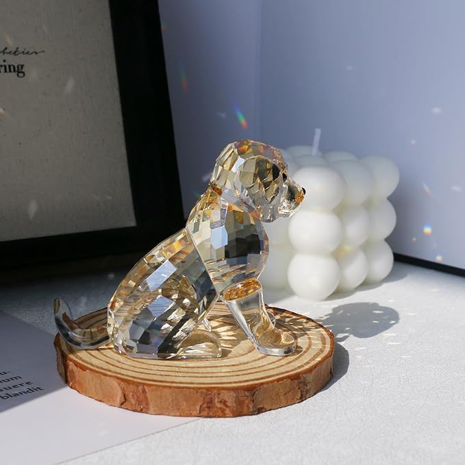 Crystal Dog Figurine Faceted Glass Puppy Statue Gold Labrador Ornament Animal Collectible Sculpture Handscraft Paperweight Home Decor