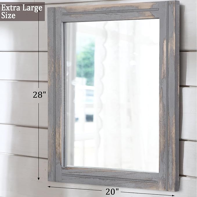 AAZZKANG Wood Framed Mirror Rectangular Rustic Wall Mirrors Decorative Large 28"x20" for Farmhouse Bathroom Living Room Bedroom Grey